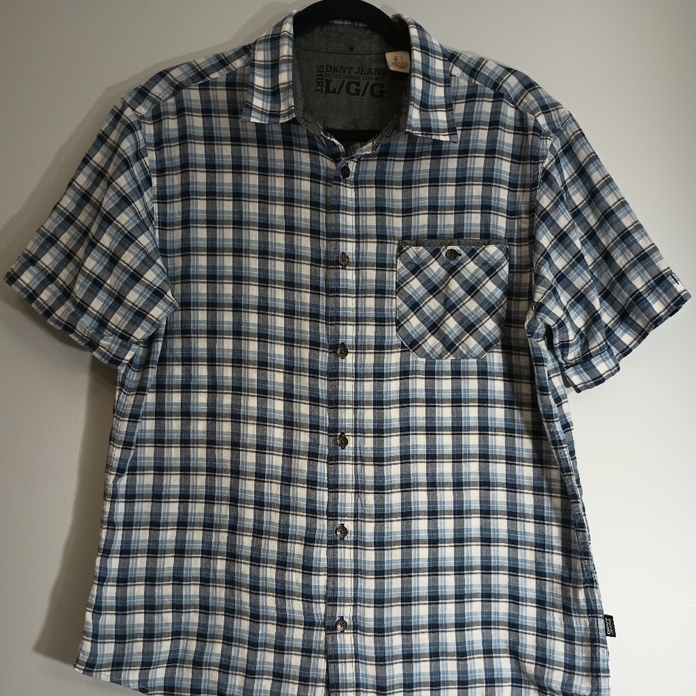 Men's DKNY Plaid Short Sleeve Button‎ Down Shirt L